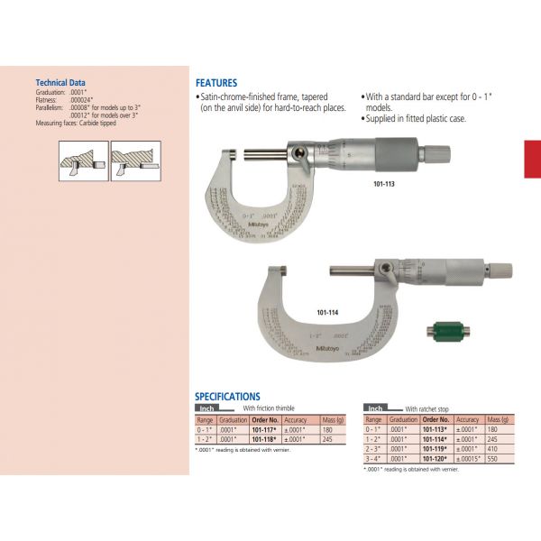 Mitutoyo 101-120 Ratchet Thimble Micrometer, Ratchet Thimble,Range 3-4'' , 0.0001" Graduation, +/-0.0001" Accuracy