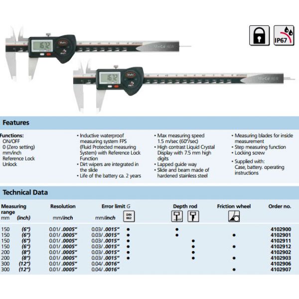 MAHR FEDERAL 4102901 Electronic Digital Caliper, 0 - 6" (0 - 150mm) Range, .0005" (.01mm) Resolution IP67