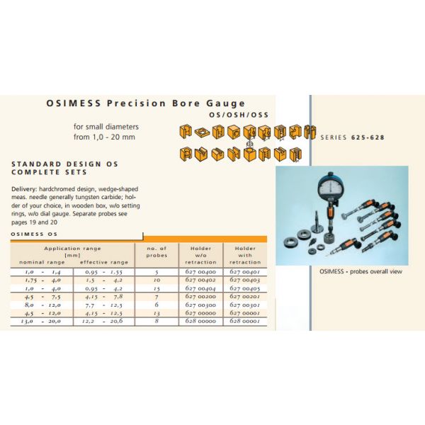 Schwenk OSIMESS 62700301 Split Ball Bore Gauge Sets Nominal range 8-12mm effective range 7.7-12.5mm  number of probes 6, Holder with retraction Model OS, hard chrome design, Dial Gauge not included