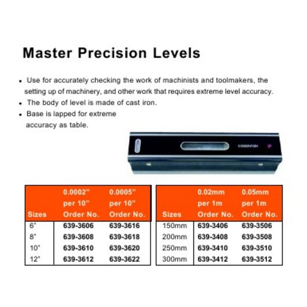 MHC 639-3412 Master Precision Level Size : 300mm Sensitivity : 0.02mm/1m Indicator Error Graduation : 0.02mm/1m