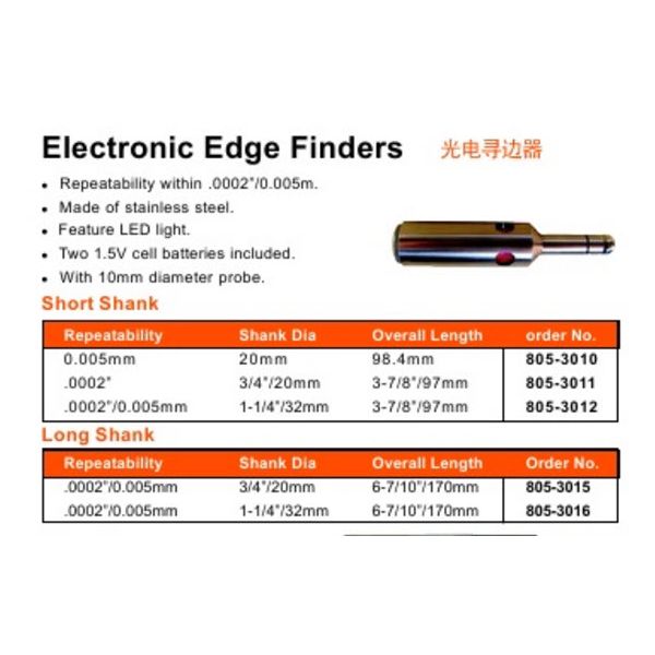 MHC 805-3011 Electronic short shank Edge Finders .0002"/.005mm Accuracy, 20mm 97mm(shank diameter x OAL), 10mm Ball