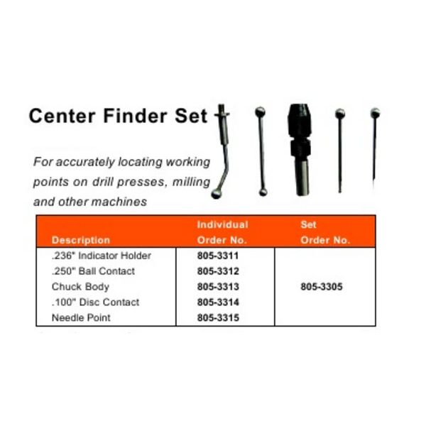 MHC 805-3305 Center Finder Set 5 pieces, one of .236" holder, .250" ball, .100" Disc & Needle point