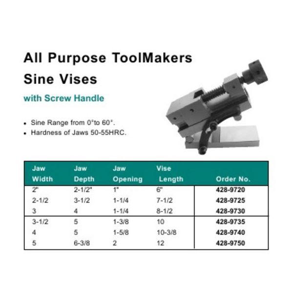 MHC428-9725 Precision Sine Toolmakers Accuracy Vice is square and parallel to .0002"/.005mm jaw width 2-1/2 " jaw depth 3-1/2" jaw opening 1-1/4" Length=7-1/2"