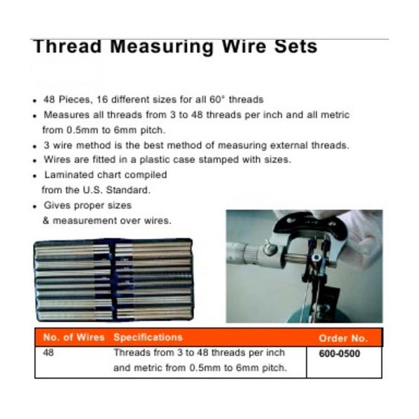 MHC 600-0500 Thread Wire set 48 wires 16 sizes measures 60 deg threads Metric 0.5-6mm Inch 3-48 TPI