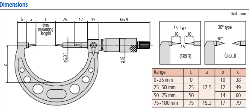 Point Micrometer with Hardened Tip 0-25mm, 15° Tip 112-153