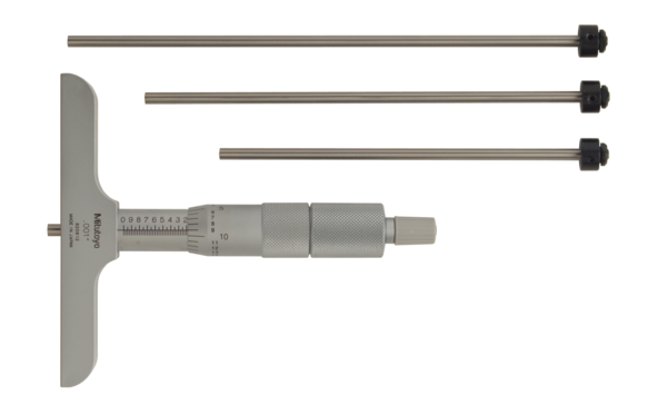 Mitutoyo Depth Micrometer, Interchangeable Rods 0-75mm, 101mm Base 129-114