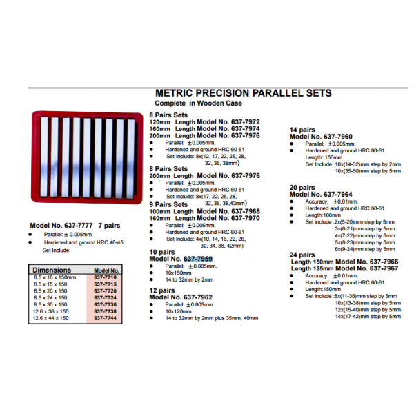 MHC 8 Pairs Sets 200mm Length Model No. 637-7976, Parallel: 0.005mm, Hardened and ground HRC 60-61, Set Include: 8x(17, 22, 25, 28, 32, 36, 38,43mm)