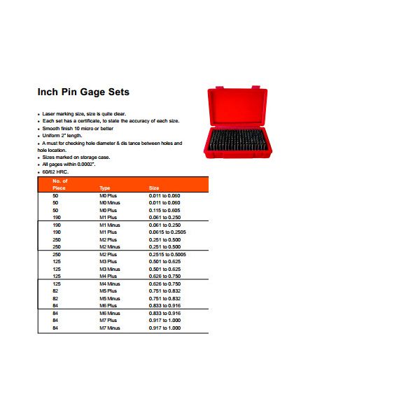 MHC 616-8101 Pin Sets Class ZZ Pin Sets M0 Minus Range : .011"-060" Class : ZZ Tolerance : -.0002" Number of pins : 50