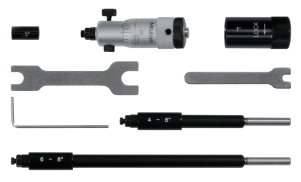 Mitutoyo Inside Micrometer, Interchangeable Rods 2-8", with 3 Rods, Hardened Face 141-208