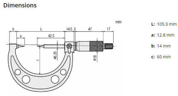 Point Micrometer with Carbide Tip 50-75mm, 15° Tip 112-167