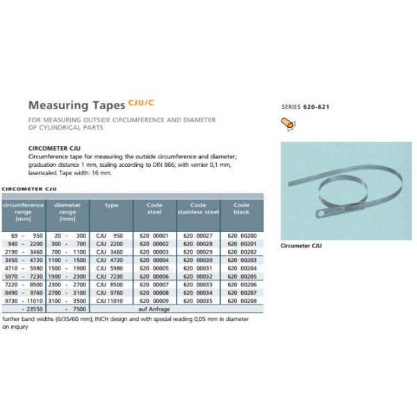 Schwenk 62000028 Measuring Tapes CJU 2200 FOR MEASURING OUTSIDE CIRCUMFERENCE AND DIAMETER OF CYLINDRICAL PARTS Range 940-2200mm Material is Stainless Steel, width 16mm, Tape thickness 0.2 mm