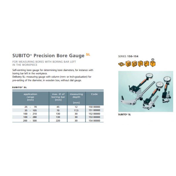 Schwenk SL Precision Bore Gauge FOR MEASURING BORES WITH BORING BAR LEFT IN THE WORKPIECE Code 15200000 application range [mm] 100 - 210, max. Ø of boring bar [mm] 130, measuring depth [mm] 30