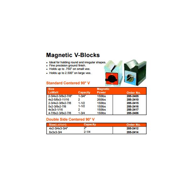 MHC 285-2414 Magnetic Vee Blocks Double sided with on off switch : 3-3/4x3x6"(H x W x L) cap 2-1/4" Double side-V Magnetic power : 150lbs Supplied : Single Piece