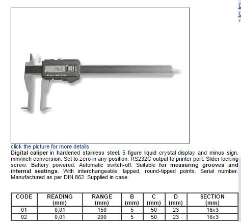 Bocchi Inside Caliper 951/01 Interchangeable pointed tips Range .8-6"/20-150mm, Resolution .01mm/.0005"