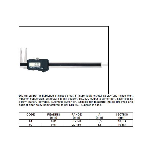Bocchi Inside Caliper 960/01 Digital caliper for measure inside grooves and segger channels .4-6.8"/1-170mm, Resolution .01mm/.0005" Tips 3.5mm