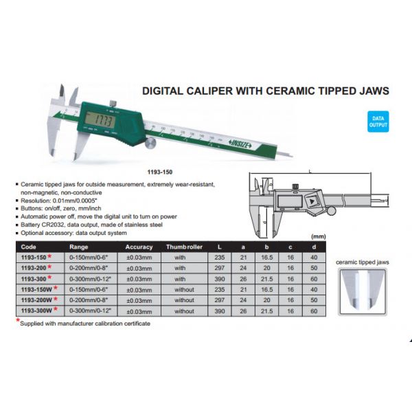 Insize 6"/150mm 1110-150 ELECTRONIC CALIPER WITH CERAMIC TIPPED JAWS