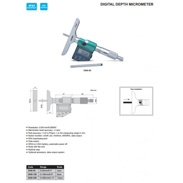 Insize 3540-50 Digital Depth Gauge Accuracy: .00012" Range: 0-2"/0-50mm Resolution: .00005"/.001mm base 101.6 x 16mm