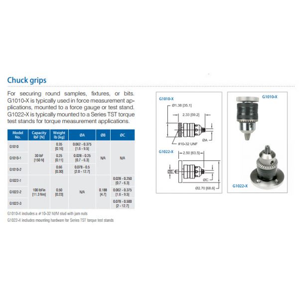 Chatillon GF-1 Chatillon Vice-Action Tensile Grips Description : Chatillon Vice-Action Tensile Grip Capacity : up-1.2-" (30 mm) in diameter and with widths up-1.75-" (45 mm)