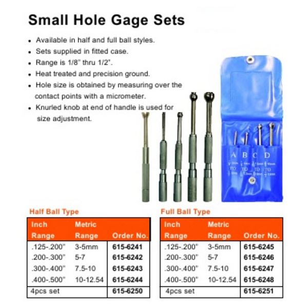 MHC 615-6251 Small Hole Gauges Range : 0.125-0.5" Set of four Full Ball Type