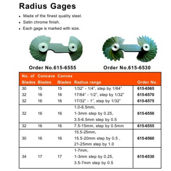 MHC 615-6575  Radius gauge set 17/32-1" x 16pc, step by 1/32"