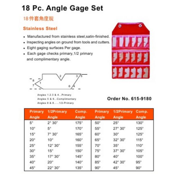 MHC 615-9180 18 piece Angle gauge set in a wallet Range : 5-90 degrees by 5 degrees