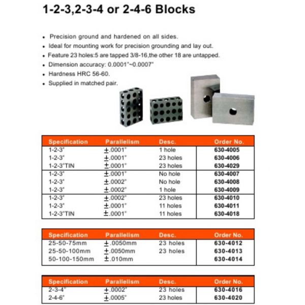 630-4028 Tin Coated 1-2-3 Blocks 23 Holes matched.pair 0.0002", 5 pieces 3/8 x 16" socket head cap screws + Hex Key