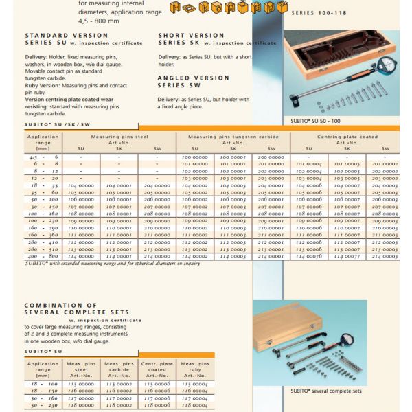 Schwenk Individual bore gauge 10000000 Dial type SU Metric Range 4.5-6mm with Carbide pins, Without Indicator. Measuring depth 80mm, 9 anvils