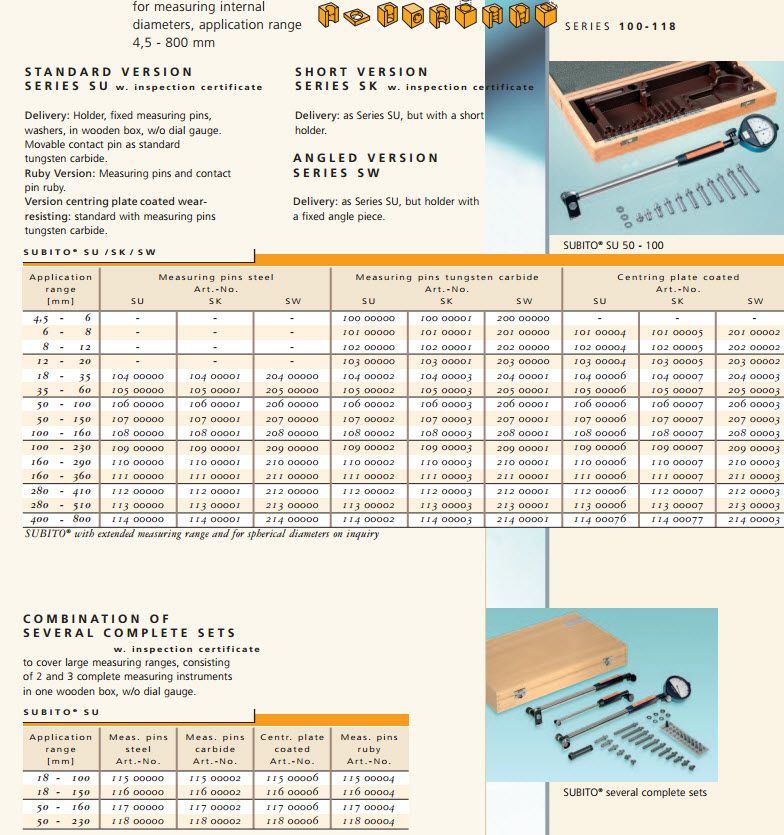 Schwenk Schwenk 11600000  Dial Bore Gauge sets type SU Metric Range 18-150mm with steel pins, Without Indicator. Measuring depth 110-180mm, 27 anvils