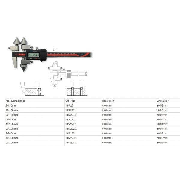 ANYI 115-221-2, Apothem Centerline Digital Vernier Calipers Distances Between Hole and Edge 20-150mm x .01mm