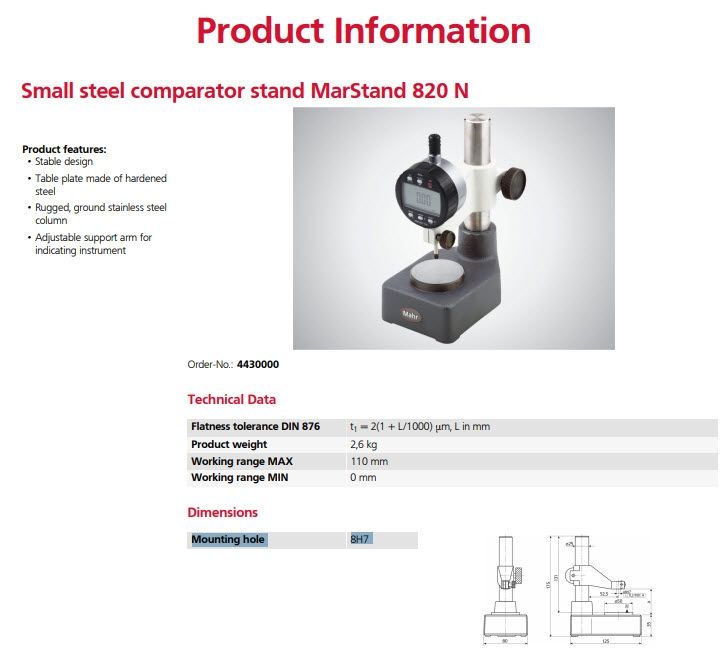 Mahr 4430000 Small steel comparator stand 820 N MahrStand, Working range MAX 110 mm, Mounting hole 8H7,Flatness tolerance DIN 876 t1 = 2(1 + L/1000) µm, L in mm