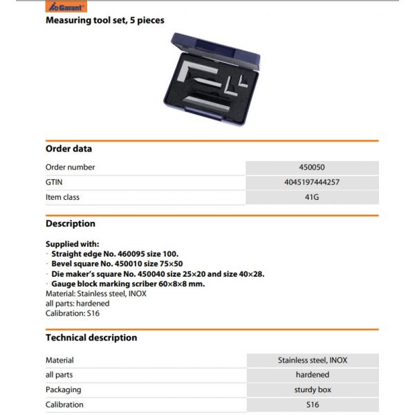 Garant 450050 Measuring tool set, 5 pieces, Die Makers Squares