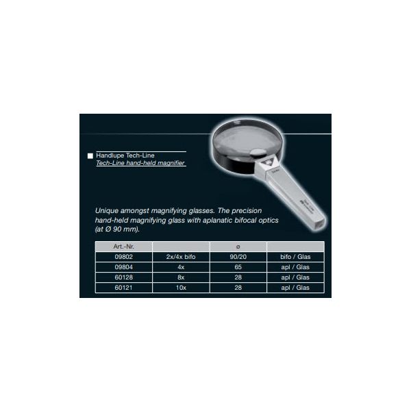 Swiss hand magnifier Tech-Line, 4x/Ø65mm, aplanatic, 09804