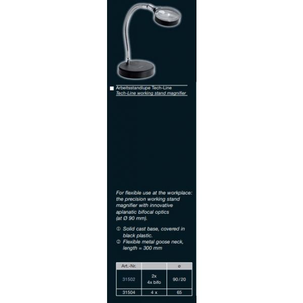 Swiss work stand magnifier Tech-Line, 2x/Ø65mm, aplanatic, table base, 31502