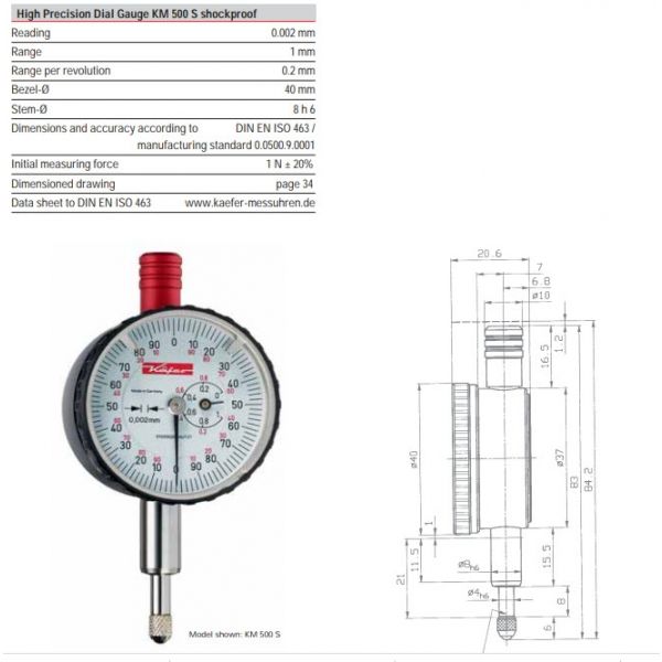 Verdict 23/2000 Kaefer High Precision Dial Gauge KM 500 S shockproof Dial Indicator, 40mm face graduation, Reading 0.002 mm Range 1 mm Range per revolution 0.2 mm