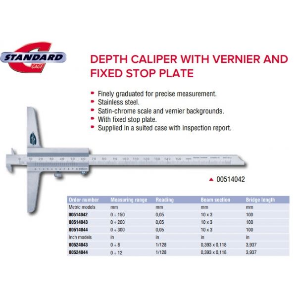 Standard Gauge  Metric Vernier Depth Gauge without Fine Adjustment, Caliper Type, Range 0-150mm , Graduation 0.05mm , 100mm base 00514042