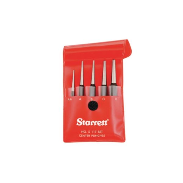 Starrett S117PC Steel Center Punch Set with Round Shank, Knurled Grip, 0-4" Length, 1/16, 5/64, 3/32, 1/8, 5/32 Diameter Tapered Point, 5 Pieces