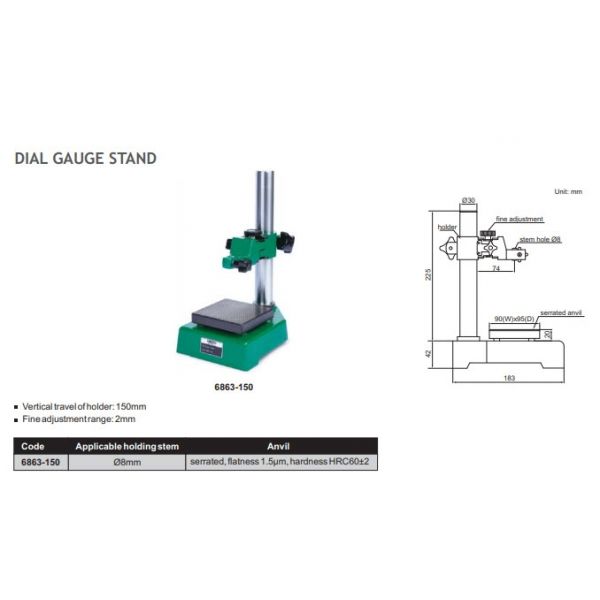 INSIZE 6863-150 Dial Indicator Stand Serrated anvil 90 x 95mm