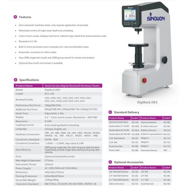 Sinowon 811-130 Digi-Rock DR3 Color Touch Screen Digital Rockwell Hardness Tester