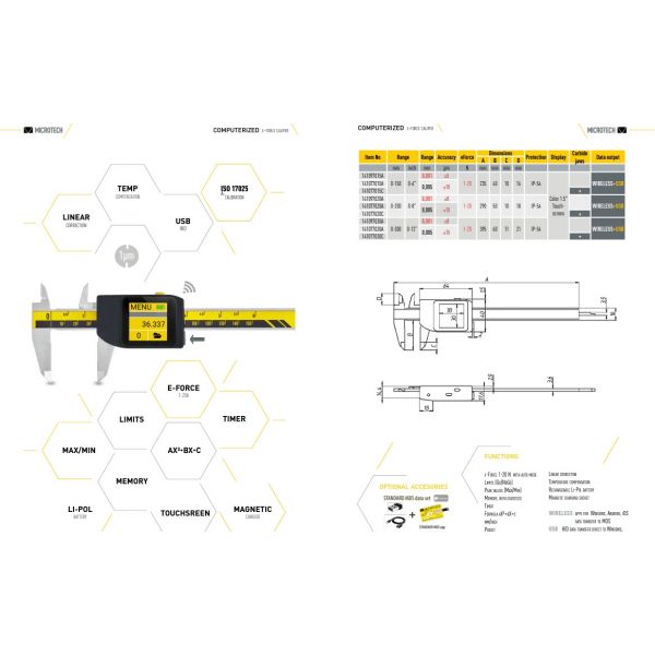 Microtech 6"/150mm x .001mm/.00005" Digital Caliper Accuracy .010mm, computerised display with linear correction, Adjustable force 1-20N, Item number 141097015A