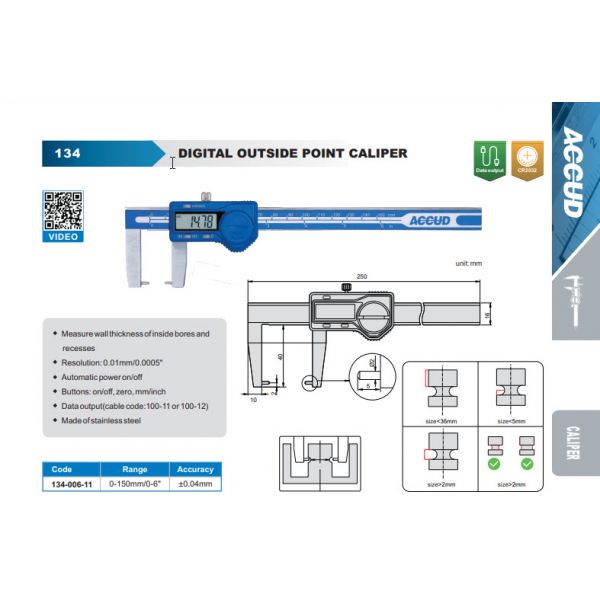 Accud 134-006-11 Outside Groove Digital Calipers With Round Points 0-150mm/0-6" Resolution .01mm/.0005''