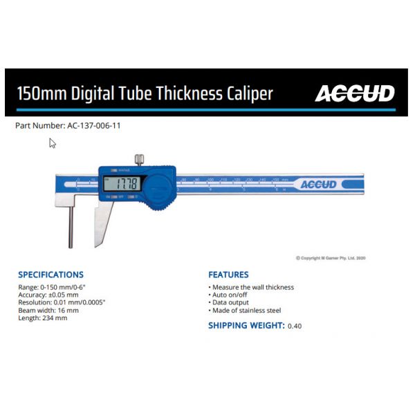 Accud 137-006-11 Tube Thickness Digital Calipers , Resolution 0.01/.0005″ Accuracy ±0.05mm, Data Output