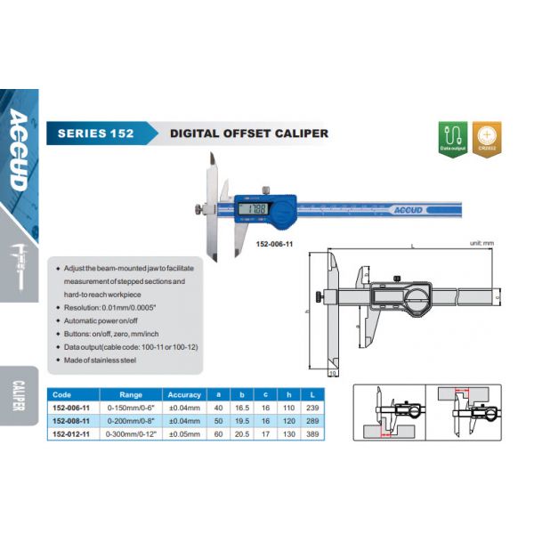 Accud 152-006-11 Digital Accud Offset caliper 10-150mm Resolution .0005"/.01mm, Data Output