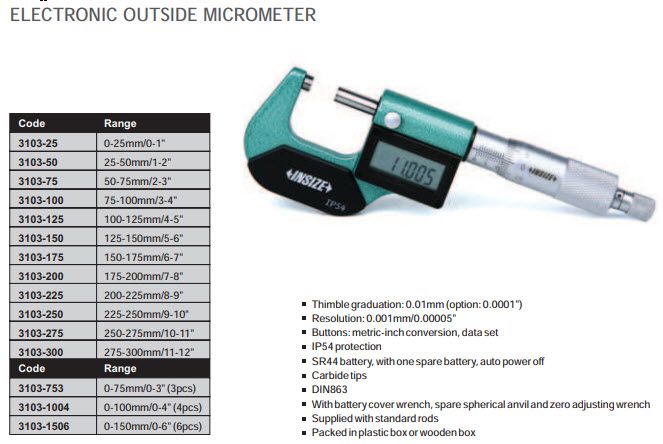 Insize Digital Outside Micrometer 3103-25 Range 0-1"/0-25mm Resolution .00005"/.001mm