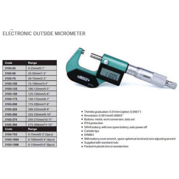 Insize Digital Outside Micrometer 3108-100 Range 3-4"/75-100mm Resolution .00005"/.001mm