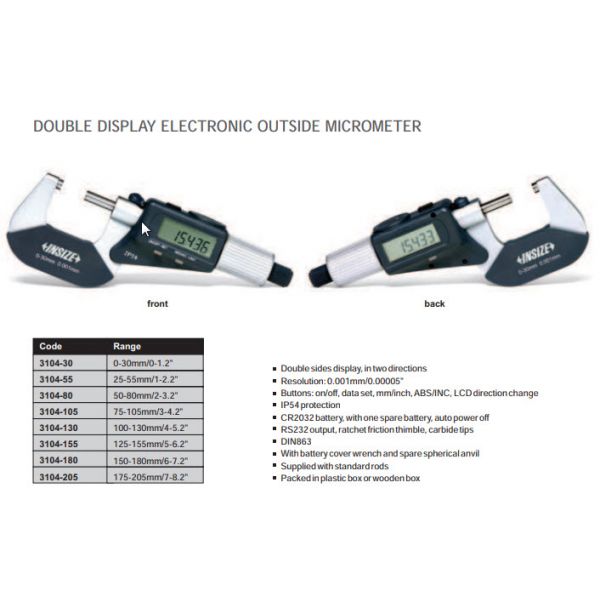 Insize Digital Outside Micrometer 3104-30 Range 0-1.2"/0-30mm Resolution .00005"/.001mm Double Display