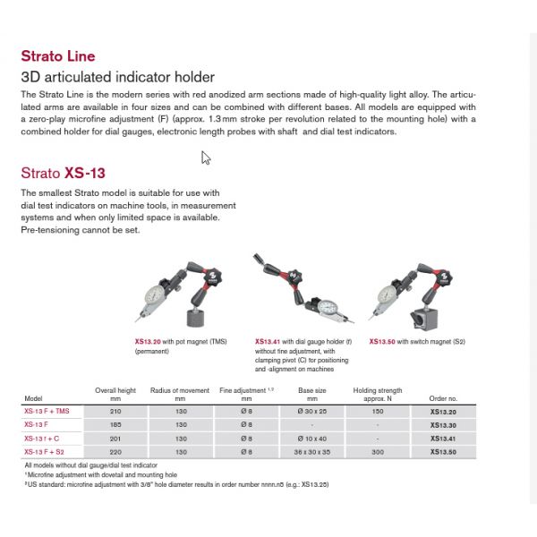 Fisso XS13.25 Strato line 3D articulated gauging arm XS13.20 (XS-13 F + TMS) with pot magnet (TMS) (permanent) 3/8" Stem diam. Indicator not included