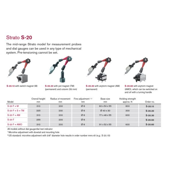 Fisso Strato line 3D articulated gauging arm S-20.20 (S-20 F + TM) with pot magnet (TM) (permanent) 8mm Fixing