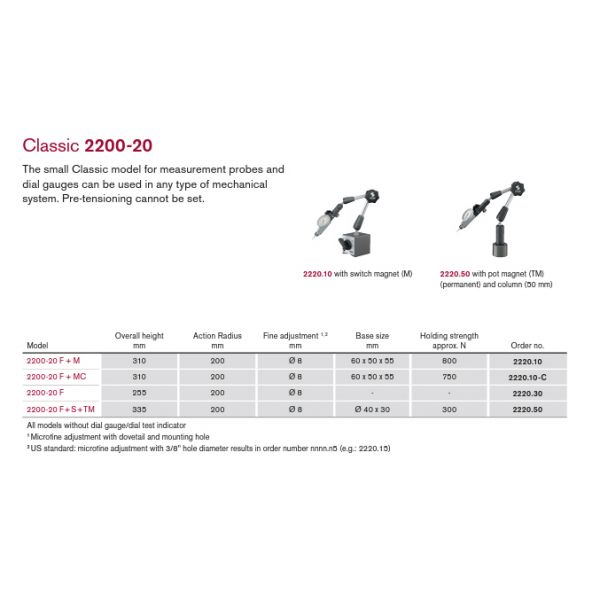 FISSO Classic Line Model: 3300-28 F + M - 3D articulated gauging arm with on off magnet, 8mm Stem. Indicator Not supplied