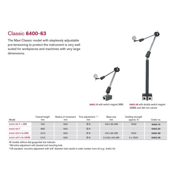 FISSO 6463.15 Classic Line Model: 6400-63 F + MM - 3D articulated gauging arm with on off magnet, 3/8" Stem with bushing 3/8" to 8mm, Indicator Not supplied