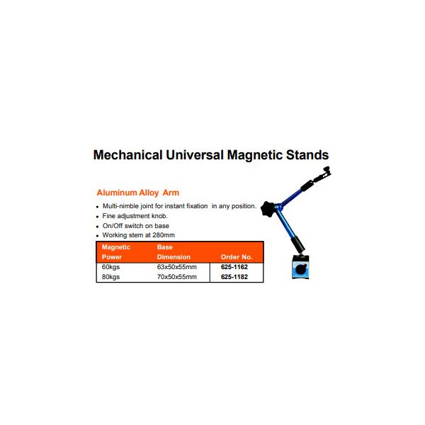 MHC 625-1182 Universal Magnetic base Standard Pull 80KG Magnetic base size 70 x 50 x 55mm, arm 280mm